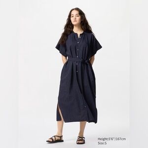New Uniqlo Linen Blend Relaxed Dress Navy Striped Short Sleeve Belted Small